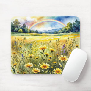 Wildblumenfeld mit Regenbogen in Aquarell Mousepad