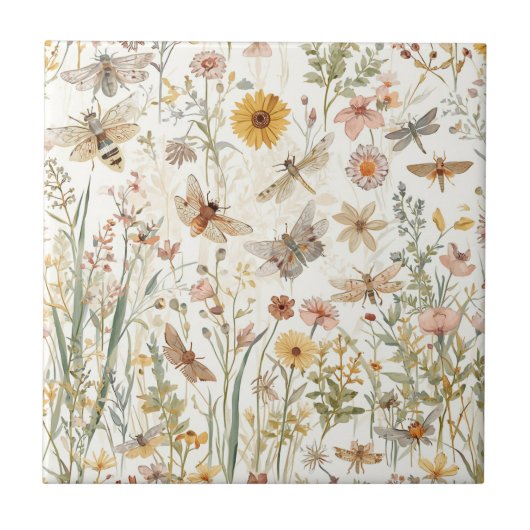 Wildblumengarten Botanische Schmetterlinge Floral Fliese (Vorderseite)