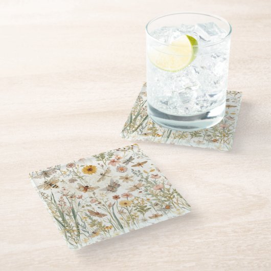 Wildblumengarten Botanische Schmetterlinge Floral Glasuntersetzer (Schrägansicht)
