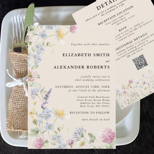 Wildblumengarten QR-Code 2-seitige Hochzeit Einladung