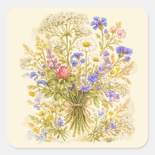 Wildblumenstrauß-Wasserfarben-Blumenaufkleber Quadratischer Aufkleber