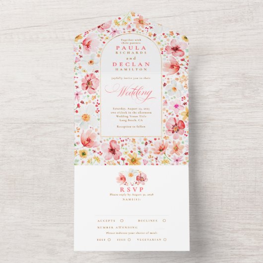 Wildblumenwiese Garten Blumenbogen Hochzeit All In One Einladung (Innen)