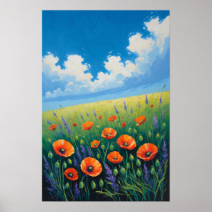 Wildblumenwiese mit blauem Himmel und Mohn Kunst Poster