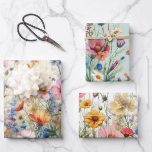 Wildblumenwiese Pink, Rot, Gelb, Lila, Blau Geschenkpapier Set