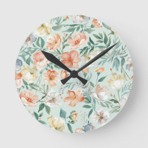 Wildblumenwiese Wasserfarbe Blau Florales Muster Runde Wanduhr