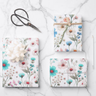 Wildblumenwiese weiß, grün, blau geschenkpapier set
