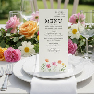 Wildblüten-Blüten-Hochzeitsmenü in Rosa Orange Menükarte