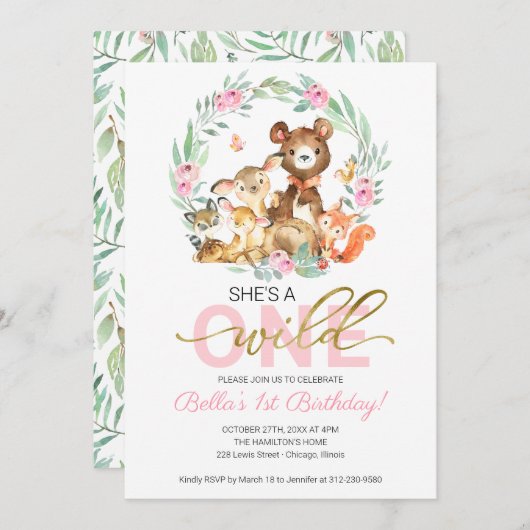 Wilde 1. Geburtstag Einladung von Waldtieren (Vorne/Hinten)