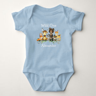 Wilde 1. Geburtstag Waldtiere Blau Baby Strampler
