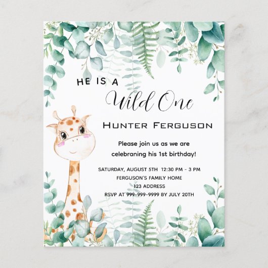 Wilde 1. Geburtstagsgiraffe Einladung (Vorderseite)