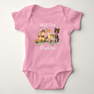 Wilde 1. Geburtstagswald Waldtiere Rosa Baby Strampler