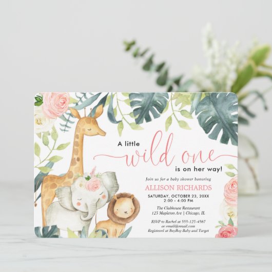 Wilde 1 Safari Dschungeltiere Mädchen Dusche Einladung (Stehend Vorderseite)