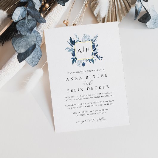Wilde Azure-Monogramm-Hochzeit Folieneinladung