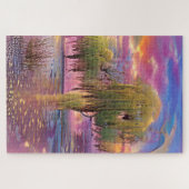 Wilde Bäume bei rosa Sonnenuntergang am Teich Puzzle (Horizontal)