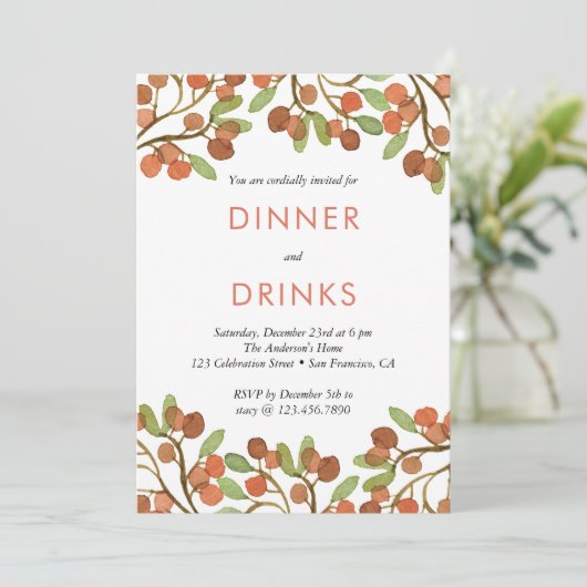 Wilde Berries Dinner and Drinks Holiday Party Einladung (Stehend Vorderseite)