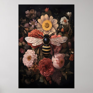 Wilde Biene in dunkler Blume, launischer Hummeldru Poster