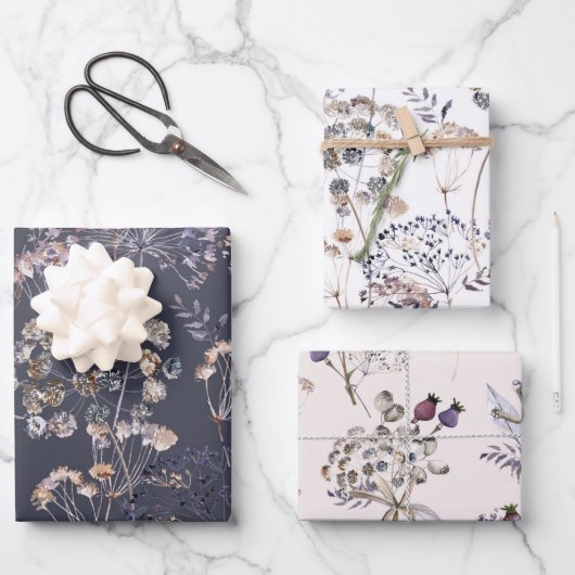 Wilde Blume 3 Packpapierblätter Geschenkpapier Set (Vorderseite)