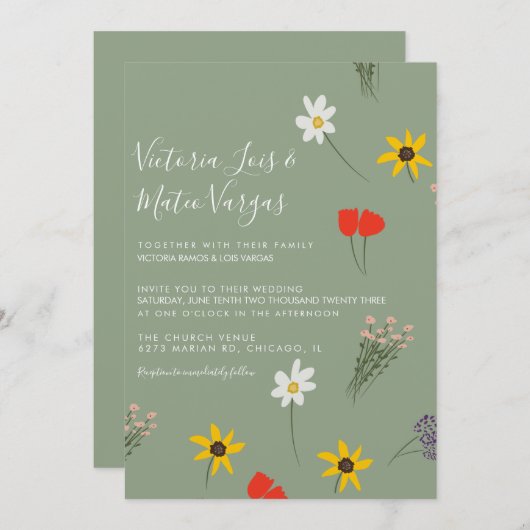 Wilde Blume Blumengrün Hochzeitssage Grün Einladung (Vorne/Hinten)