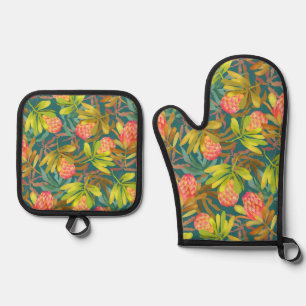 Wilde Blume Botanischer Protea Ofenhandschuh & Topflappen-Set
