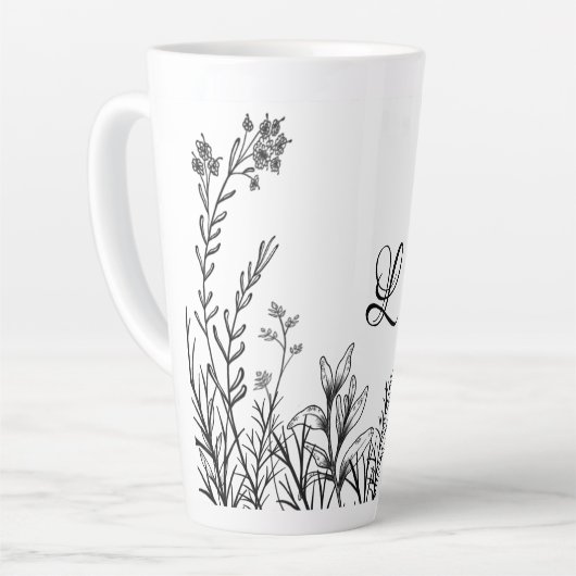 Wilde Blume Doodles Monogramm Latte Tasse (Linke Ecke)
