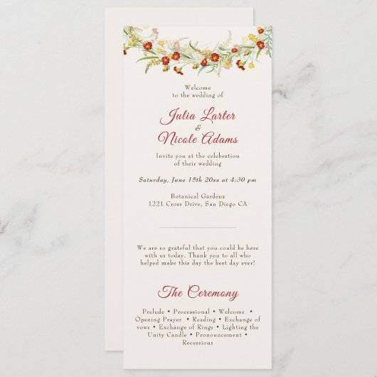 Wilde Blume Gelbe Marigold Foliage Hochzeit Programm (Vorne/Hinten)