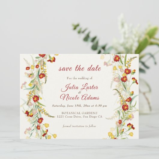 Wilde Blume Gelbe Marigold Foliage Hochzeit Save The Date (Stehend Vorderseite)