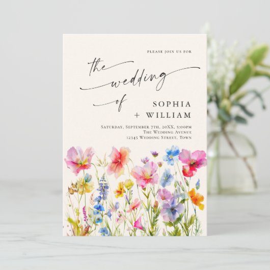 Wilde Blume Hochzeit im festlichen Bright Watercol Einladung (Stehend Vorderseite)