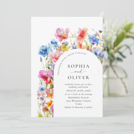 Wilde Blume Hochzeit im festlichen Bright Watercol Einladung (Stehend Vorderseite)