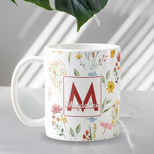 Wilde Blume im Wasserfarben Name Floral Monogramm Kaffeetasse