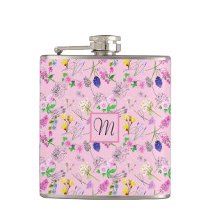 Wilde Blume in Aquarell, auf Rosa. Monograma. Flachmann