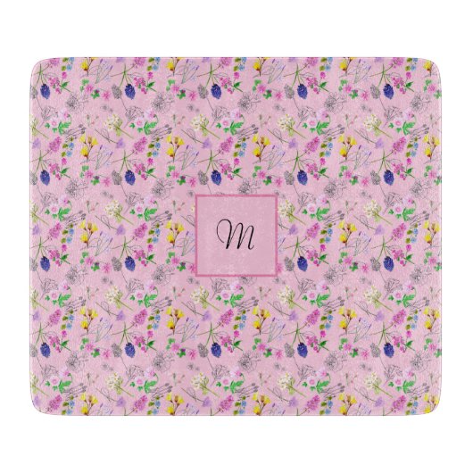 Wilde Blume in Aquarell, auf Rosa. Monogramm Schneidebrett (Vorderseite)