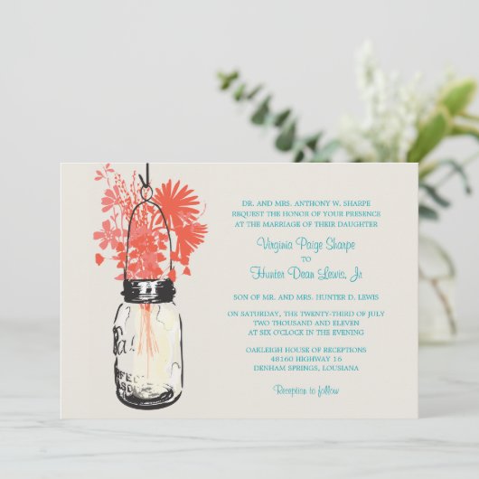 Wilde Blume & Mason Jar Hochzeitseinladungen Einladung (Stehend Vorderseite)