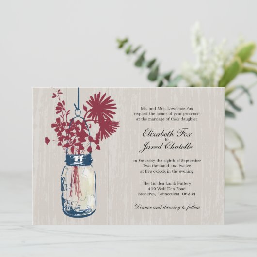 Wilde Blume & Mason Jar Hochzeitseinladungen Einladung (Stehend Vorderseite)