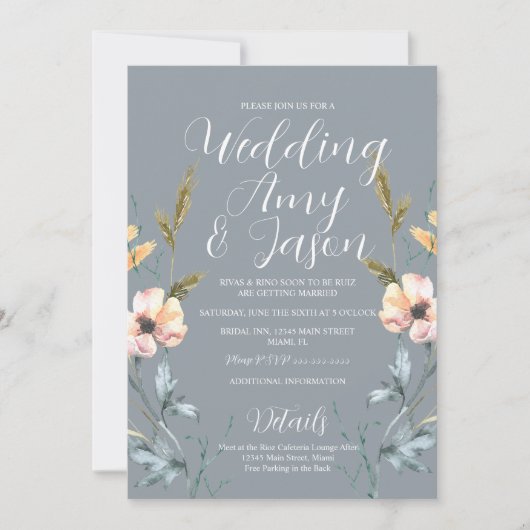 Wilde Blume Mute Gray Wedding Einladung (Vorderseite)