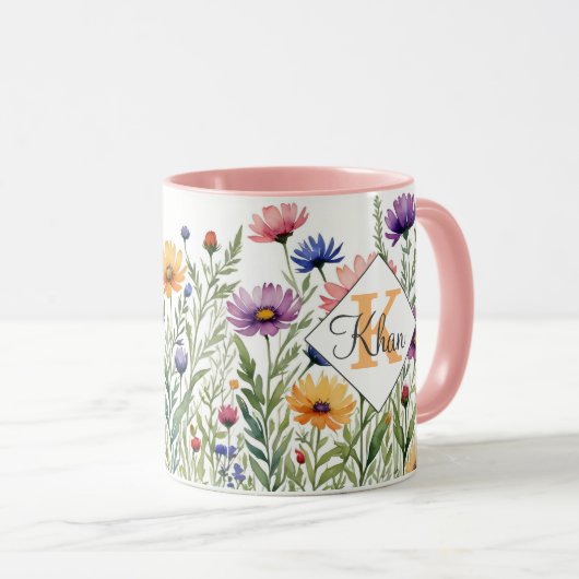 Wilde Blume personalisierter Name und Anfangsbuchs Tasse (VorderseiteRechts)