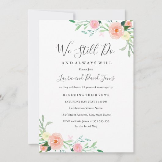 Wilde Blume Pfirsich Pink Floral Wedding Vow Erneu Einladung (Vorderseite)