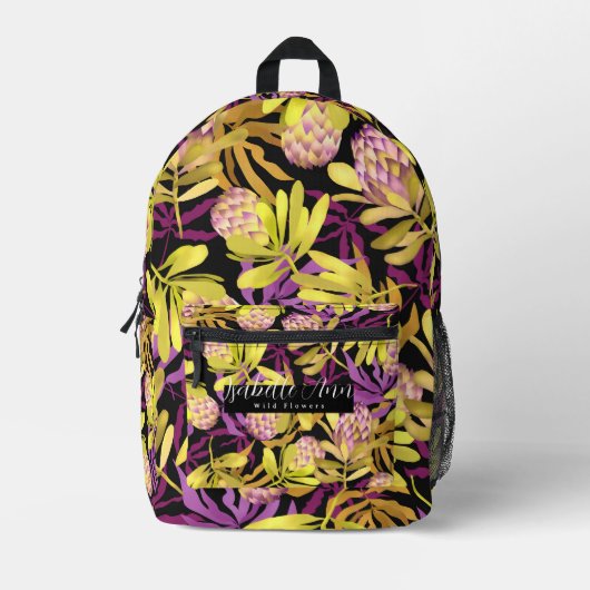 Wilde Blume Protea Black Bedruckter Rucksack (Vorderseite)