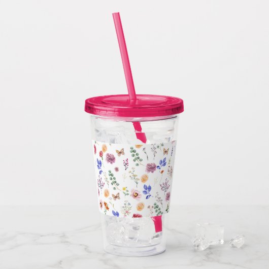Wilde Blume rosa farbenfroh klares Stroh Tumbler Acryltrinkbecher (Vorderseite Ice)
