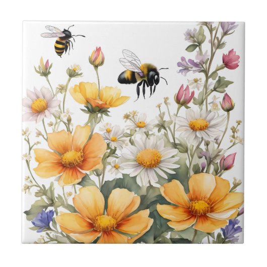 Wilde Blume und Honigbienen Wasserfarbe Fliese (Vorderseite)