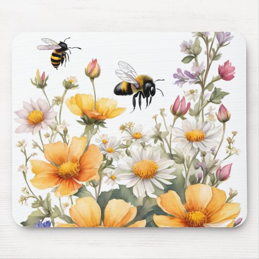 Wilde Blume und Honigbienen Wasserfarbe Mousepad (Vorne)
