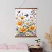 Wilde Blume und Honigbienen Wasserfarbe Wandteppich Mit Holzrahmen (Schlafzimmer)