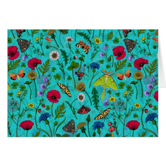 Wilde Blume und Motten auf aquamarin (Vorderseite (Horizontal))