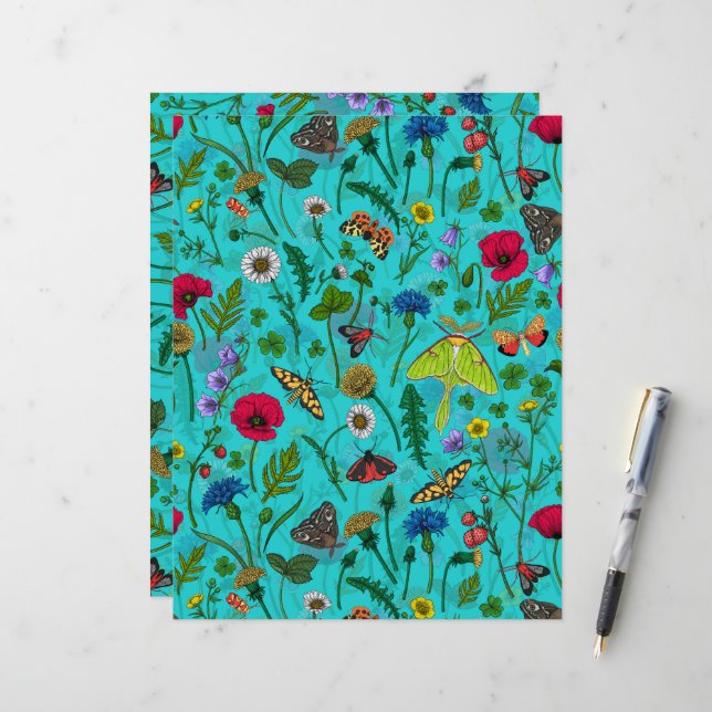Wilde Blume und Motten auf aquamarin (Vorderseite/Rückseite Beispiel)