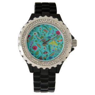 Wilde Blume und Motten auf aquamarin Armbanduhr