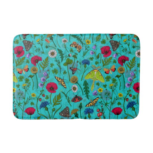 Wilde Blume und Motten auf aquamarin Badematte (Vorderseite)