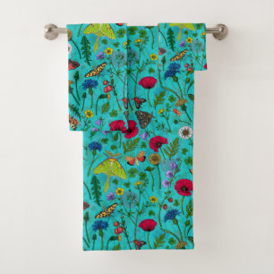 Wilde Blume und Motten auf aquamarin Badhandtuch Set