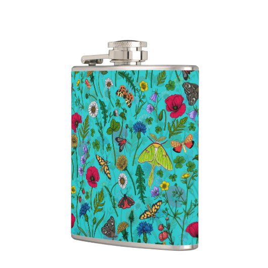 Wilde Blume und Motten auf aquamarin Flachmann (Links)