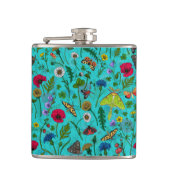 Wilde Blume und Motten auf aquamarin Flachmann (Vorderseite)