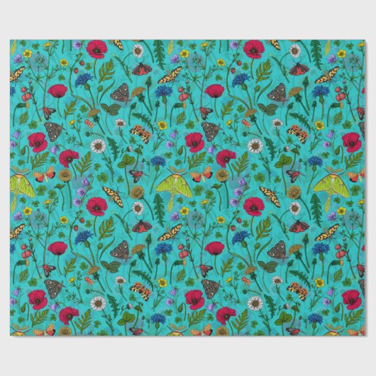 Wilde Blume und Motten auf aquamarin Geschenkpapier (Flach)