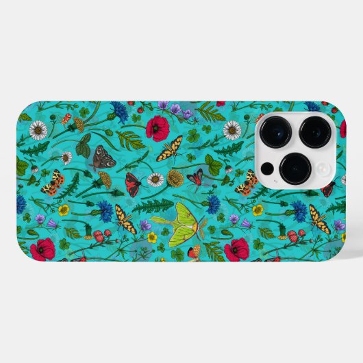 Wilde Blume und Motten auf aquamarin iPhone Hülle (Rückseite (Horizontal))